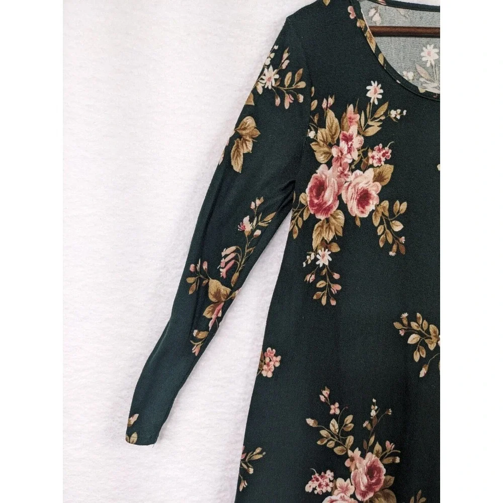 TMG Womens Pullover Long Sleeve Mini Dress‎ Black Floral L Made In USA